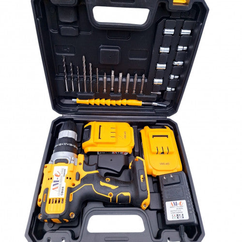 Set de Taladro Inalámbrico 21V con 2 Baterías – 26 Piezas (Amarillo)